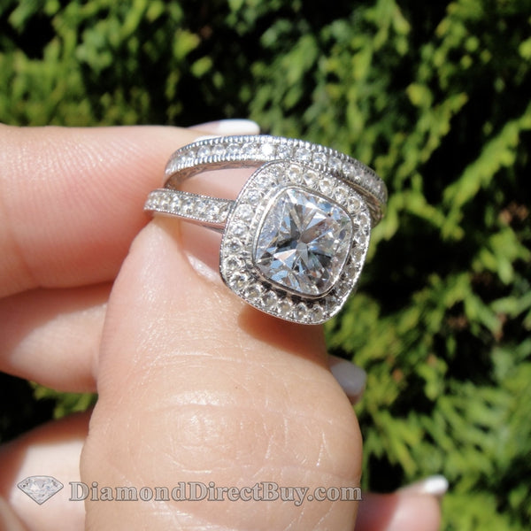 2.40 Bezel Set Cushion With Matching Bnnd Engagement Rings