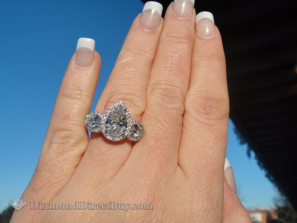 Three Stone Pear Halo Ring Engagement Rings
