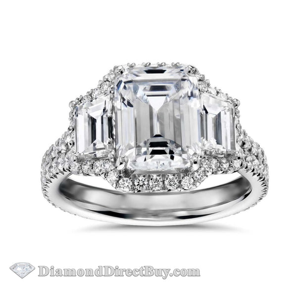Three Stone Surrounded By Halo Emerald Diamond Ring Engagement Rings