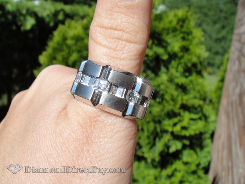 White Gold Men Band With Emeralds Mens Rings