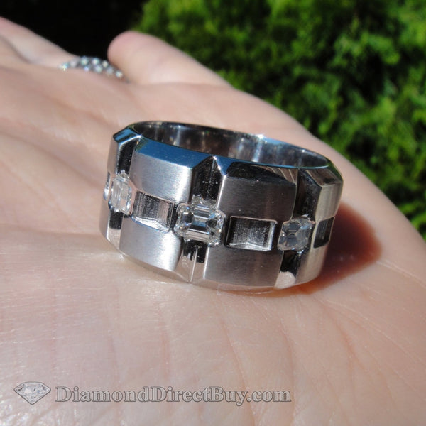 White Gold Men Band With Emeralds Mens Rings