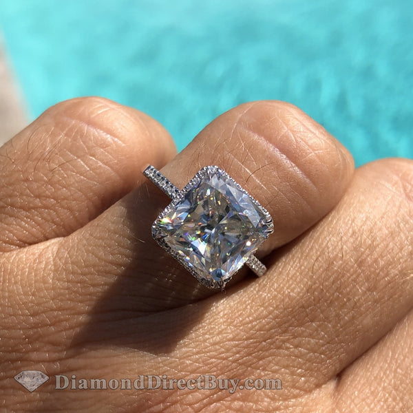 Wow Gorgeous White Gold Diamond Cushion Halo Ring With 10X10Mm Moissanite Center Engagement Rings